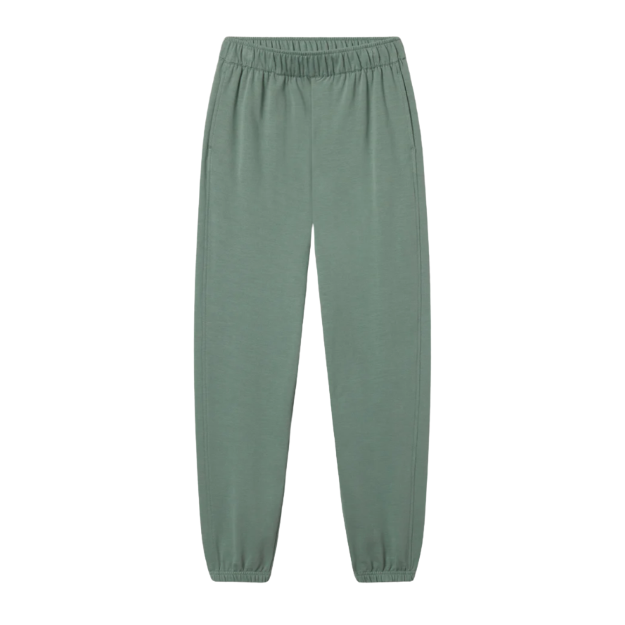 Green sweatpants with an elastic waistband, elastic ankle cuffs, and side pockets, made from soft, comfortable fabric.