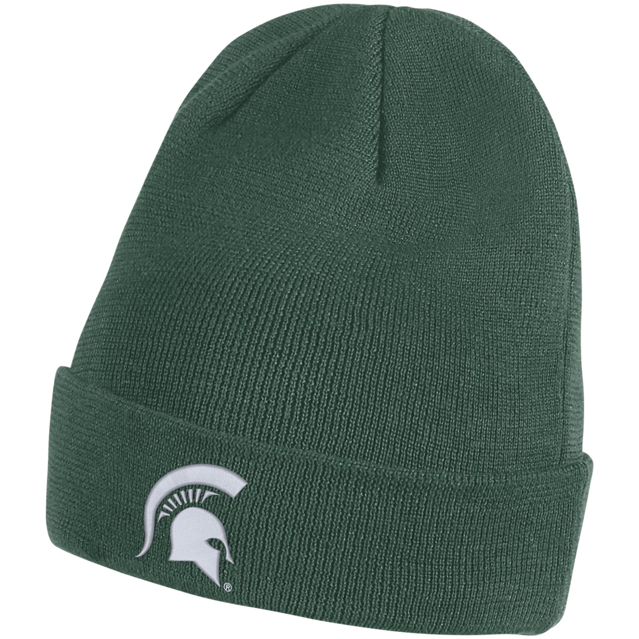 Green cuffed knit beanie with a white Spartan helmet logo on the cuff.