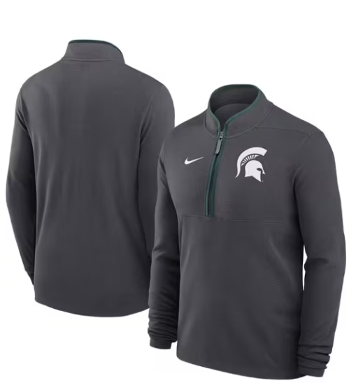 Two views of a gray quarter zip with a white Spartan helmet logo on the upper left chest.