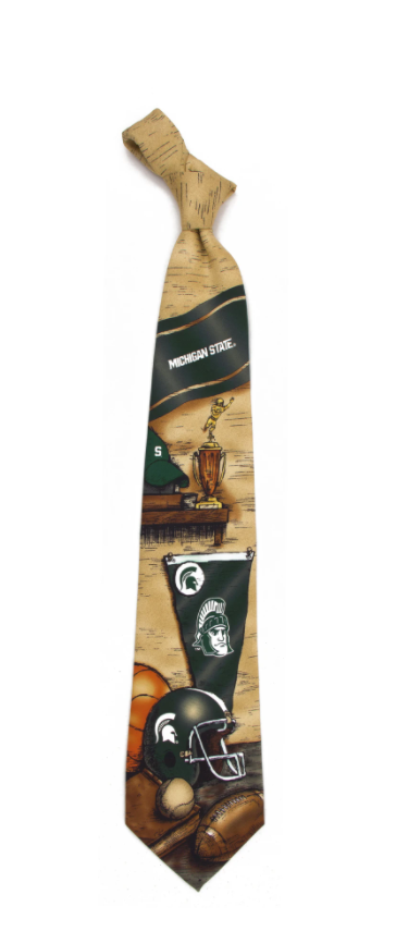 A beige tie with various Michigan State memorabilia pictured, including trophies, a pennant, sports equipment, and an MSU football helmet.