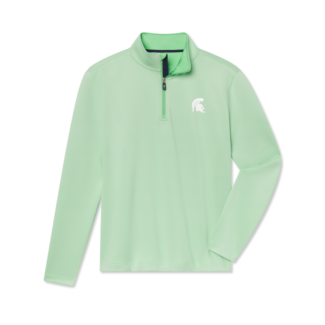 Lime green quarter-zip pullover with a contrast black inside lining of the zipper and a white Spartan Helmet logo on the upper left chest. Shown on a white background.