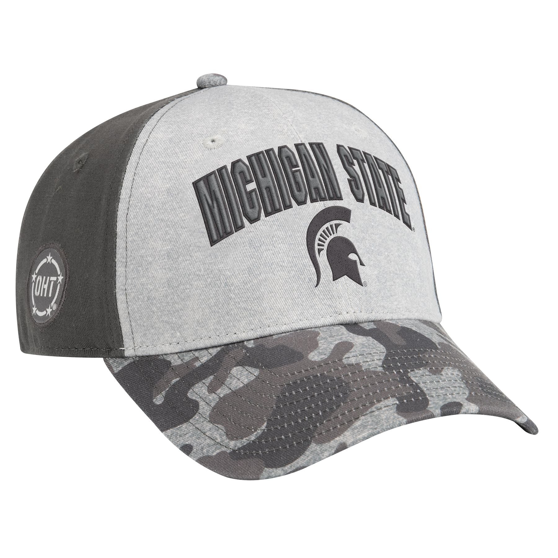 A gray baseball cap with dark gray Michigan State and a Spartan helmet logo in the center. The brim is gray camouflage.