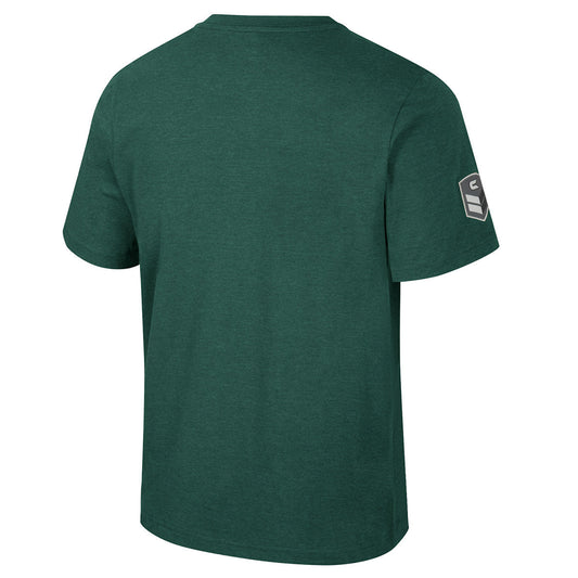 Back of a green t-shirt.