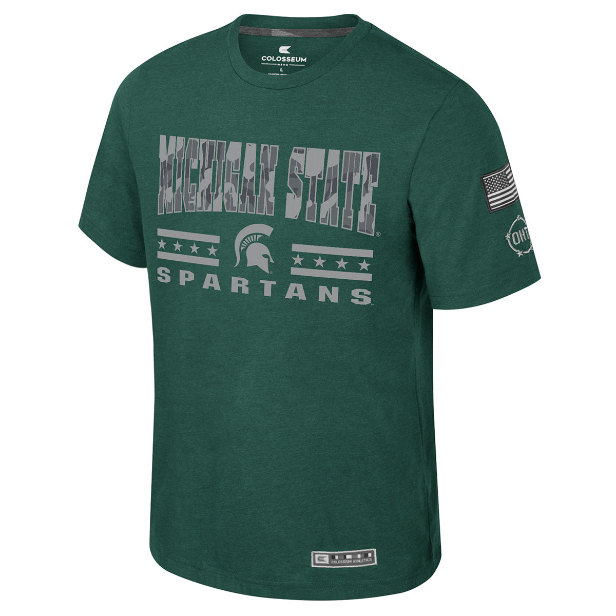 Green T-shirt with "Michigan State" written in camouflage block letters, gray stripes and stars, a gray Spartan Helmet logo, and the word "Spartans" written below in gray block letters.