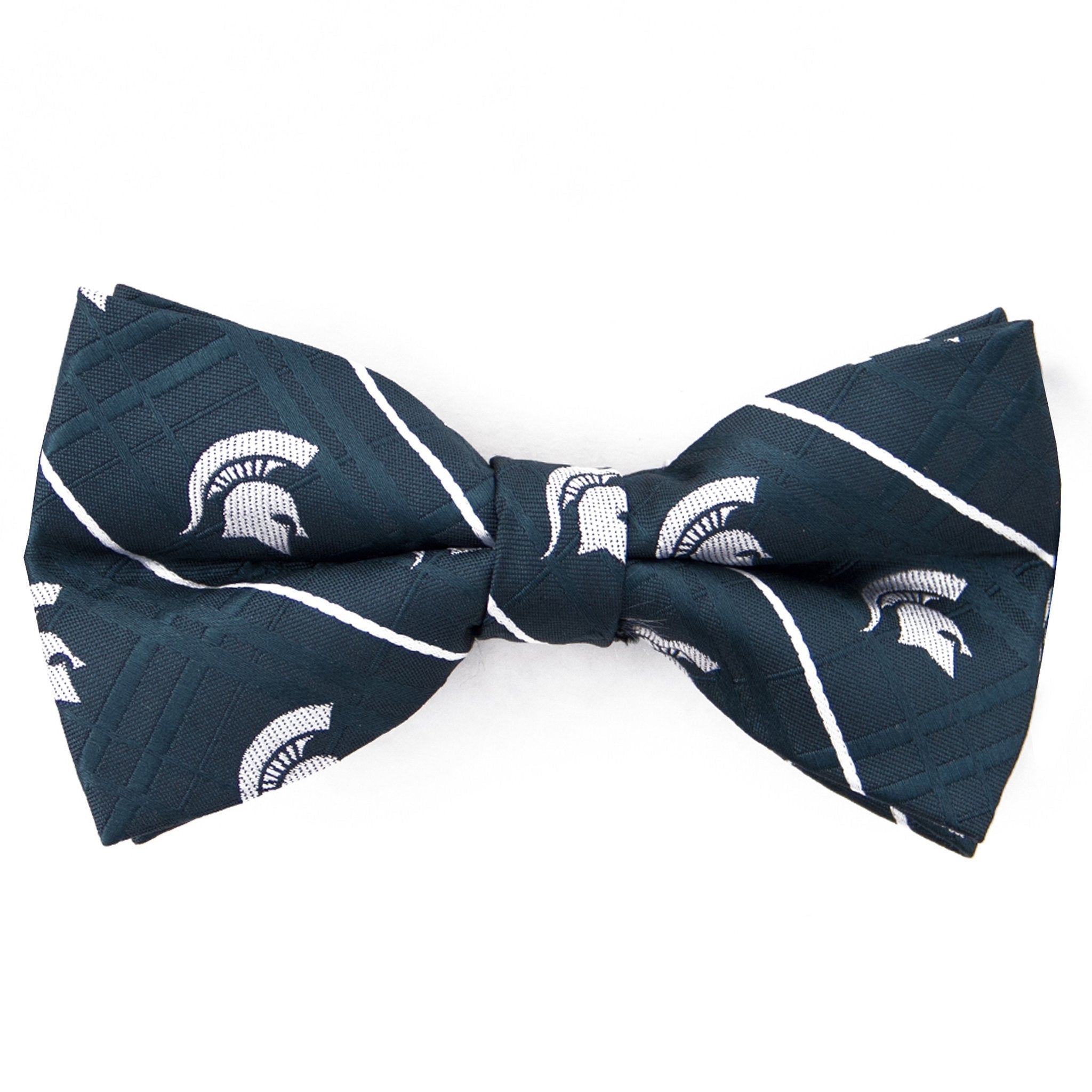 A green bow tie with a repeating white Spartan helmet logo pattern and white stripes.