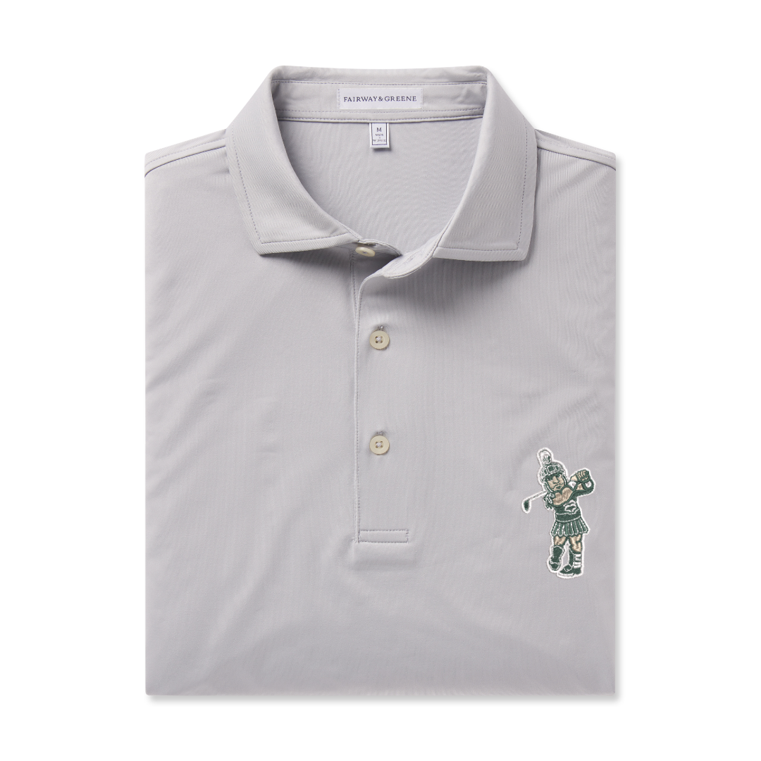 Folded light gray polo with an off white three-button placket and the Golf Sparty logo on the upper left chest. Shown on a white background.