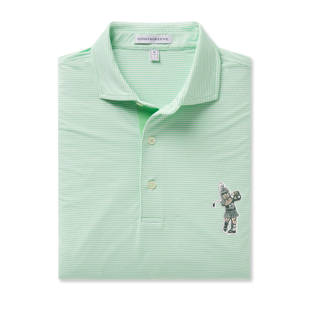 Folded white and lime green striped polo with an off white three-button placket and the Golf Sparty logo on the upper left chest. Shown on a white background.