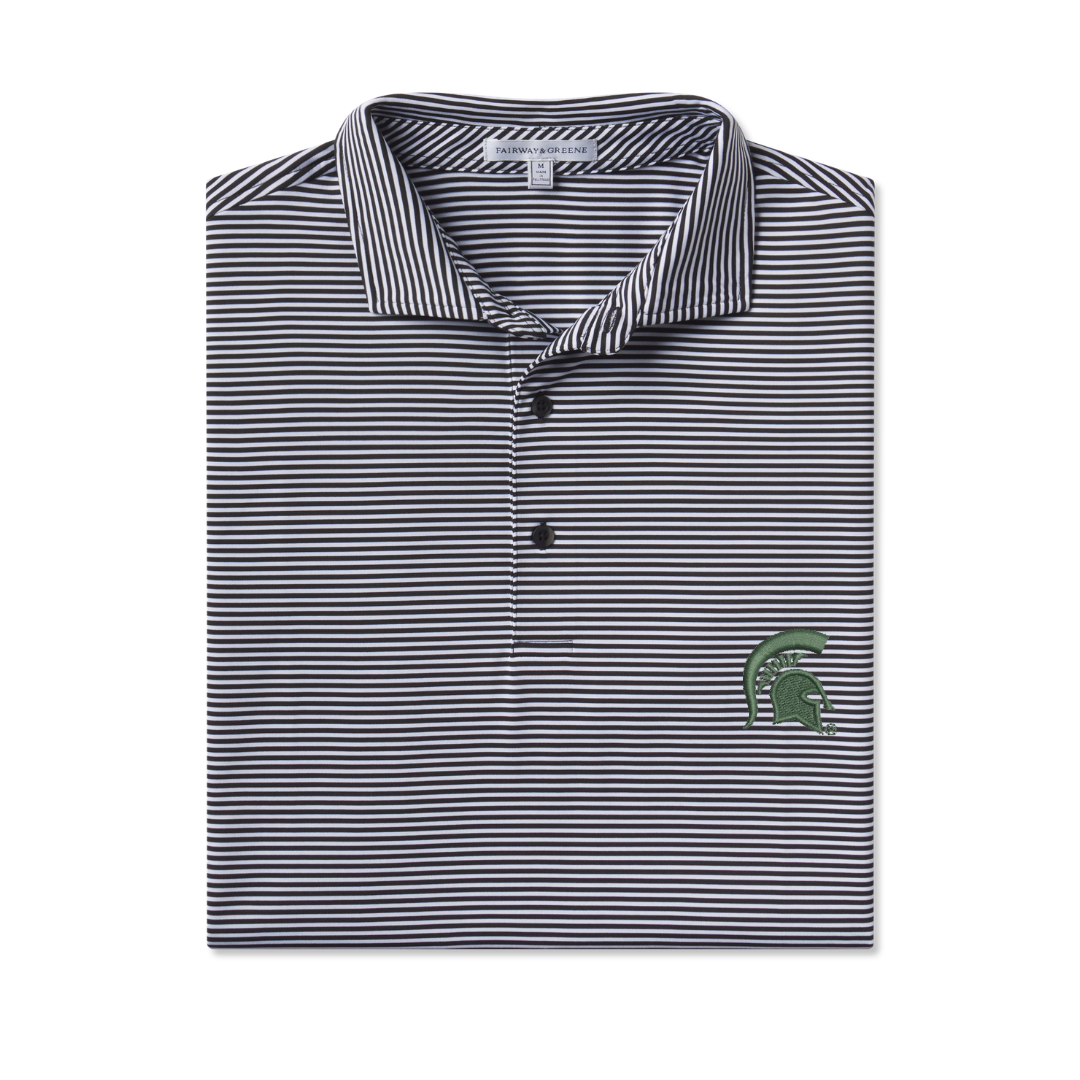 Black and white striped polo with a three-button placket and a dark green Spartan Helmet logo embroidered on the upper left chest. Shown on a white background.