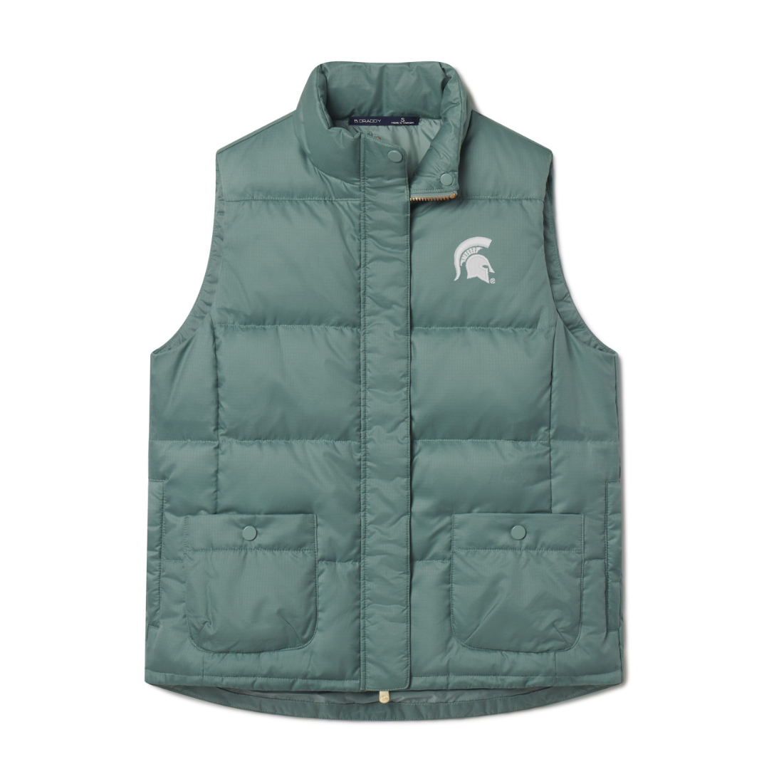 Sage green puffer vest with two front pockets at waist line with button snap closures. On left chest is an embroidered white spartan helmet.