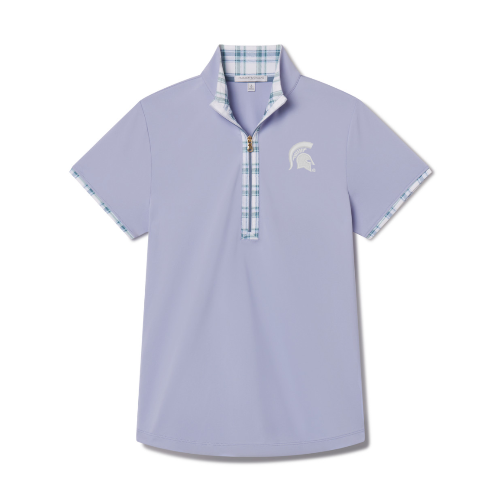 Light purple short-sleeve polo shirt with a quarter-zip front, featuring a blue and white plaid pattern on the zipper area and inner collar. A Spartan helmet emblem is displayed on the left chest in white.