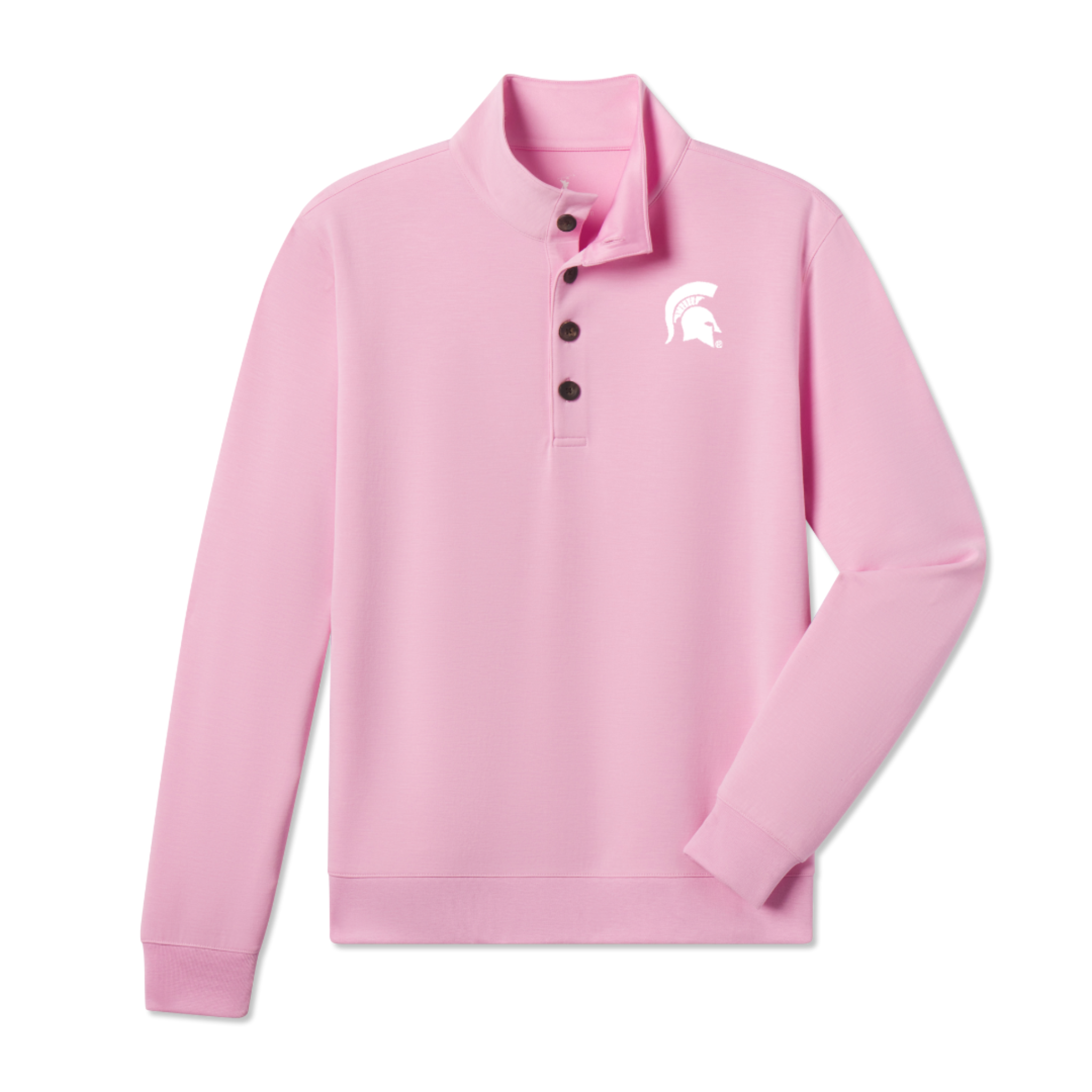 Light pink long-sleeve pullover with a stand-up collar and three brown buttons. Features an embroidered green Spartan helmet logo on the left chest, with ribbed cuffs and hem for a snug fit.