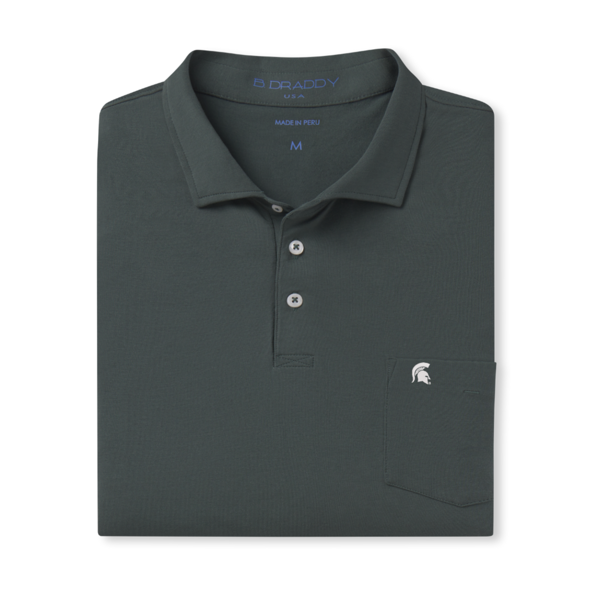 Folded dark gray polo shirt with a collar and three buttons, featuring a small chest pocket with an embroidered white Spartan helmet logo and 'B DRADDY USA' branding inside the collar.