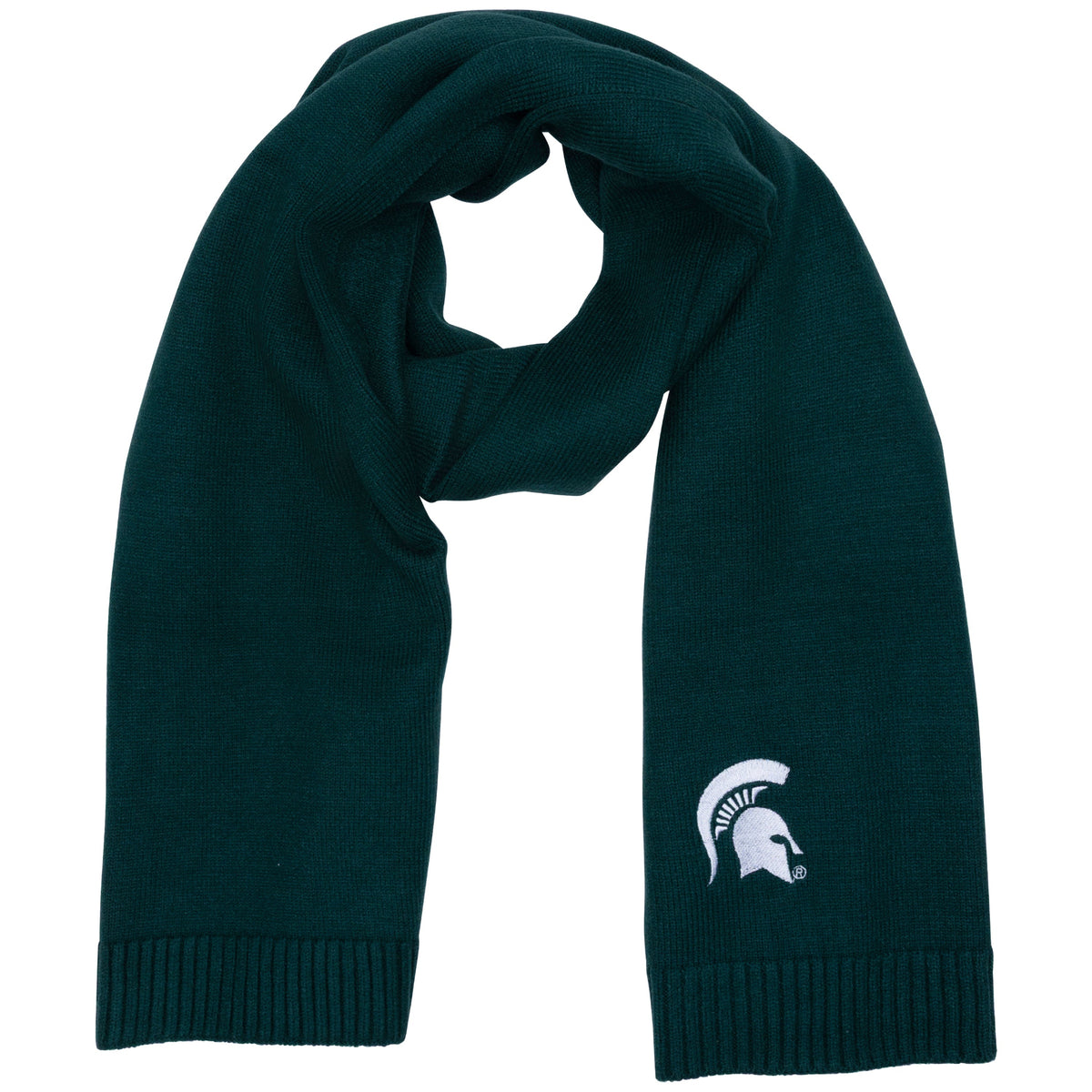 Dark green knit Michigan State Spartans scarf displayed on a white background. The scarf features a soft ribbed-knit texture with ribbed cuffs at both ends and an embroidered white Spartan helmet logo near one end. The scarf is loosely draped in a loop to showcase its length and design.