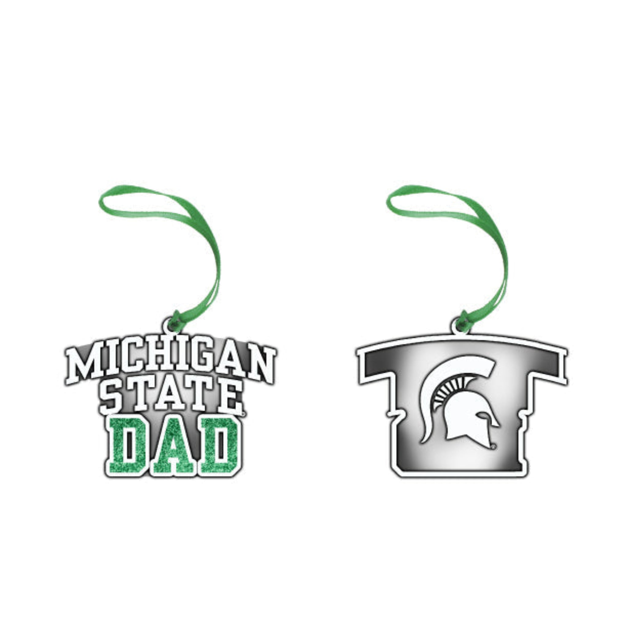 Two sides of a pewter ornament that reads "Michigan State Dad" in white and green on one side. The other side features a white Spartan helmet.