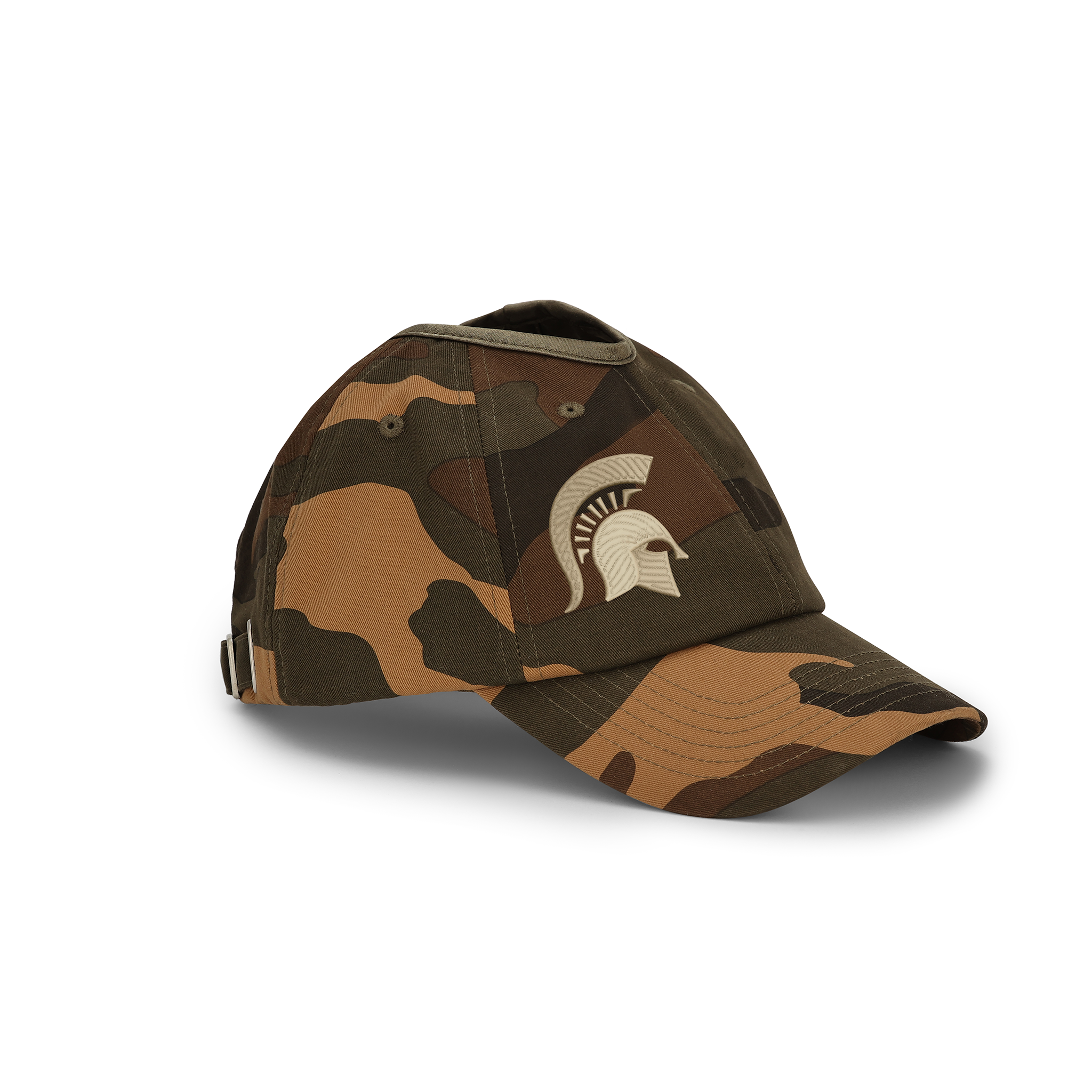 Camo baseball cap with Spartan helmet logo on the front and a hole in the top.