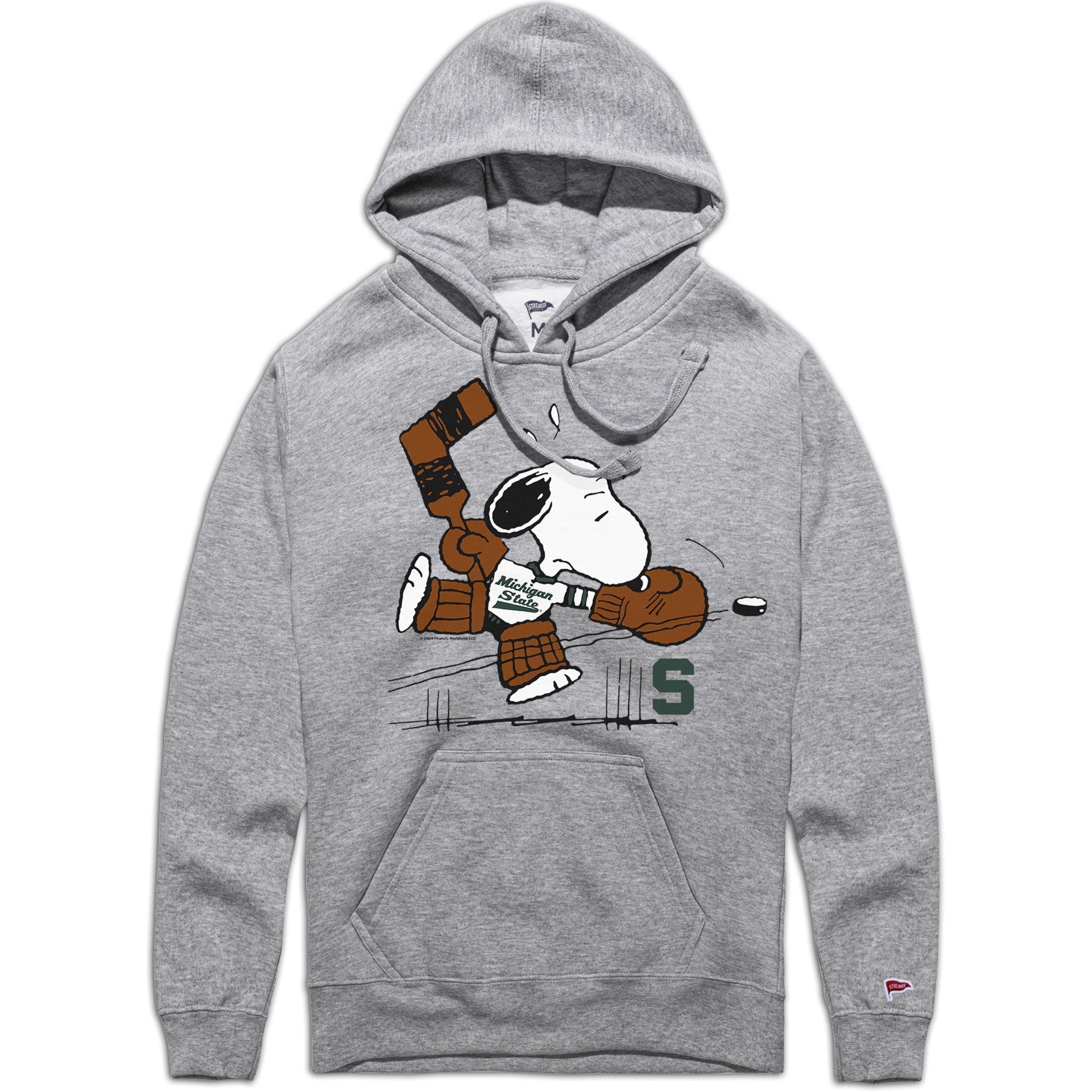 A gray hoodie with a graphic of Snoopy dressed as a hockey goalie for Michigan State University.