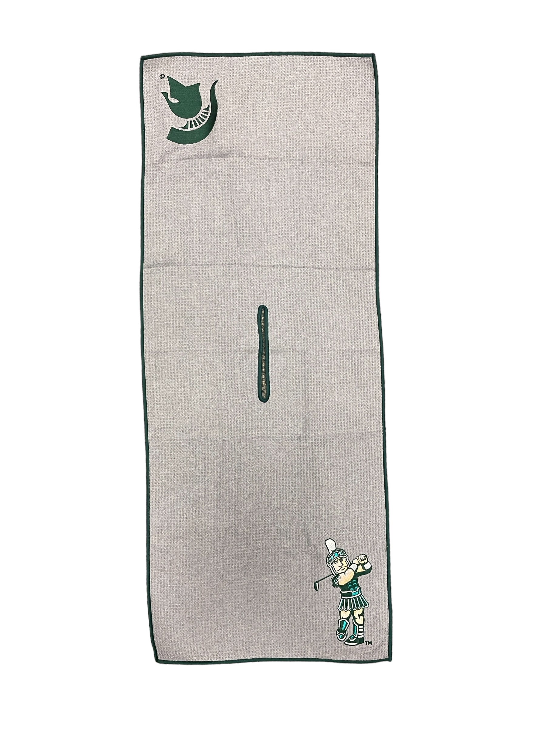 Gray towel with green spartan helmet in one corner. Golfing Sparty logo opposite corner of spartan helmet.