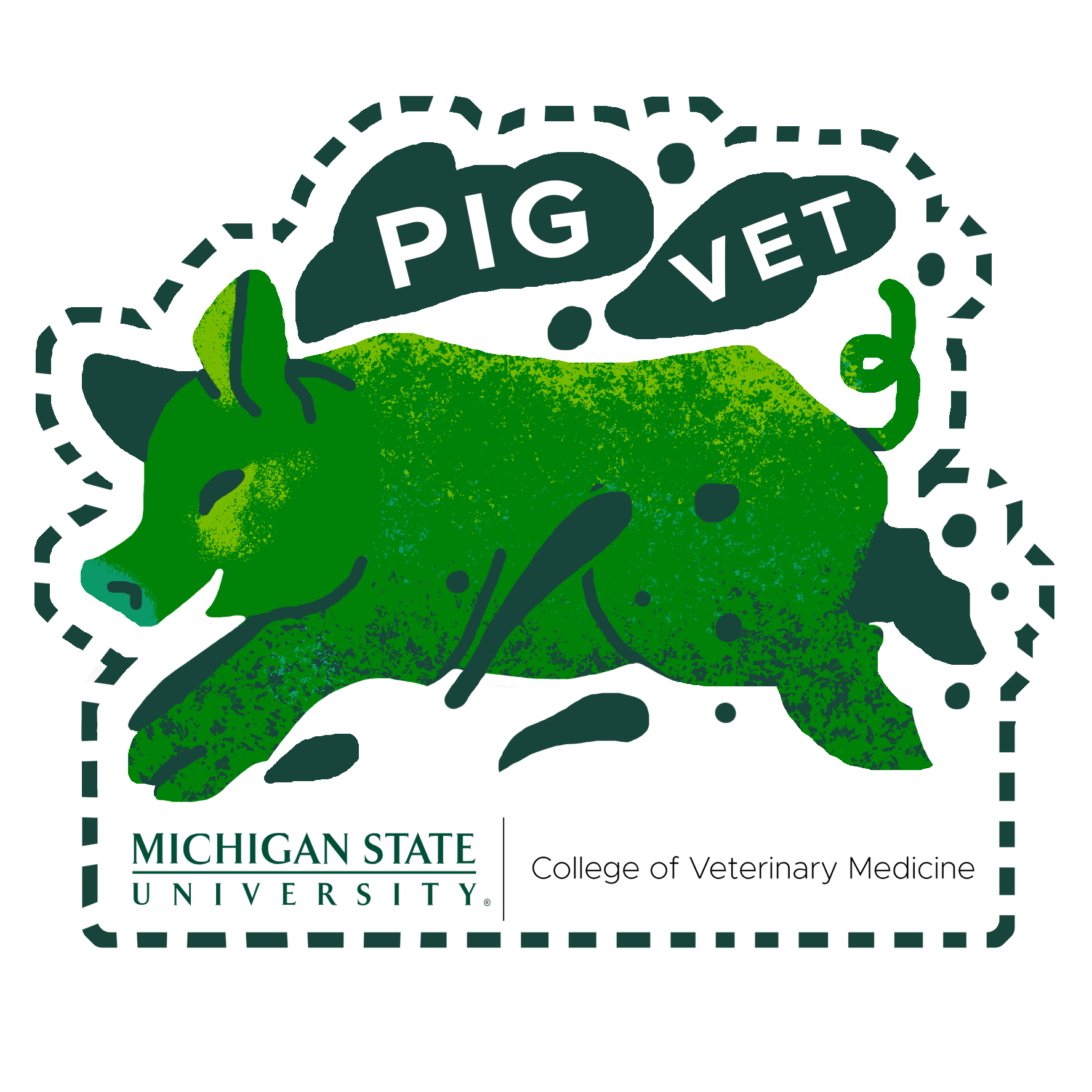 A sticker of a green pig. Above the pig are the words "Pig Vet". Underneath the pig is the Michigan State University College of Veterinary Medicine signature logo.