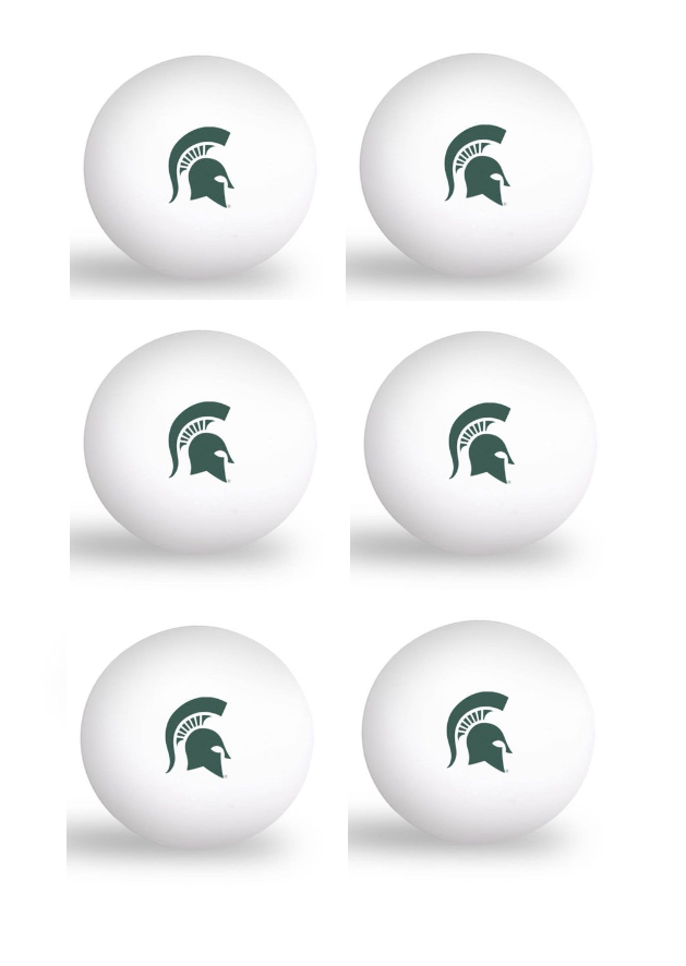 Six white ping pong balls with a green Spartan Helmet logo on each.