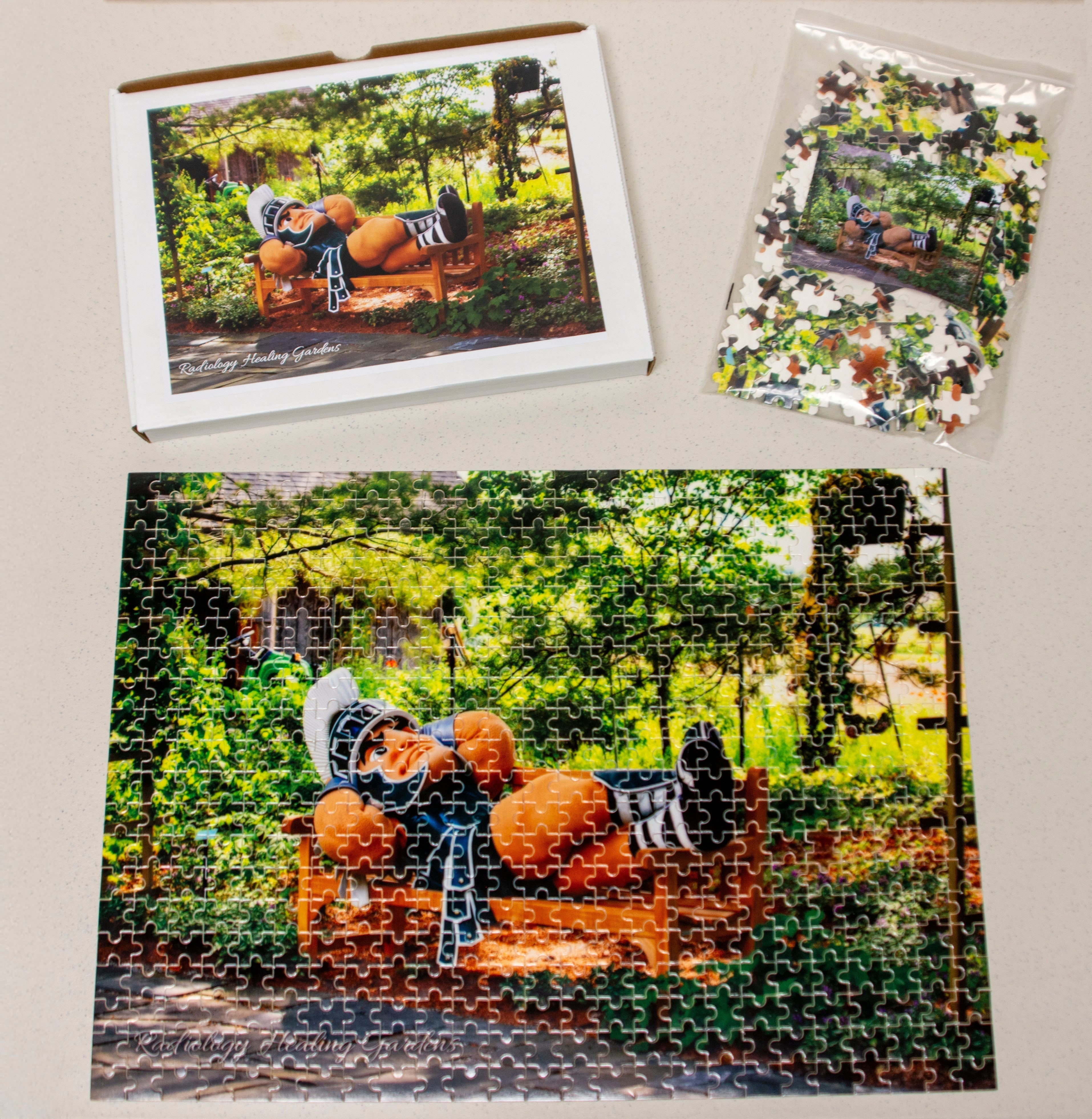 Box with image of the puzzle: Sparty laying on bench in garden with 'Radiology Healing Gardens' printed lower left corner. Right side is the plastic bag with the puzzle pieces. Bottom is assembled puzzle.