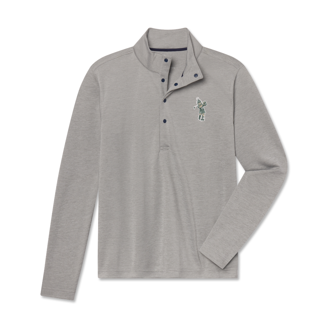 Light gray pullover with four black snap buttons that extend down the front half of the pullover and a Golf Sparty logo on the upper left chest. Shown on a white background.