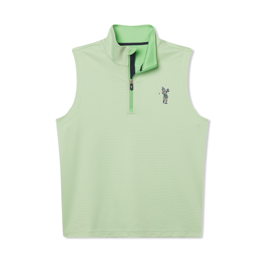 Lime green quarter-zip vest with a contrast black inside zipper panel and a Golf Sparty logo on the upper left chest. Shown on a white background.