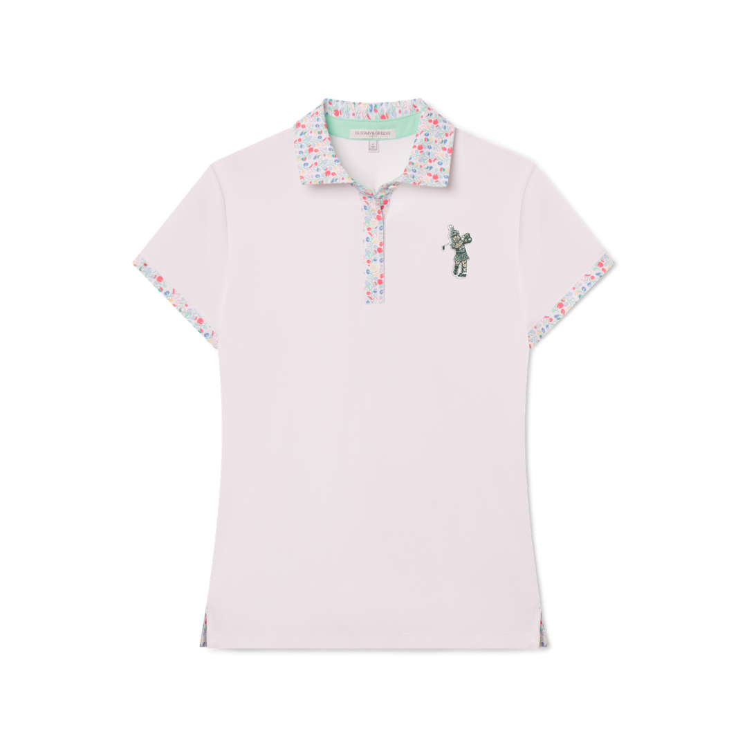 Light pink polo with a three-button placket, colorful floral pattern on the collar and sleeves, and the Golf Sparty logo on the upper left chest. Shown on a white background.