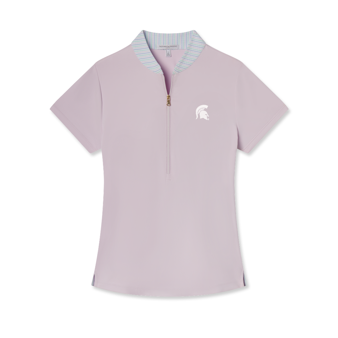 Light pink mock neck with short sleeves, a pastel striped collar, a zipper that extends half way down the front, and a white Spartan Helmet logo on the upper left chest. Shown on a white background.