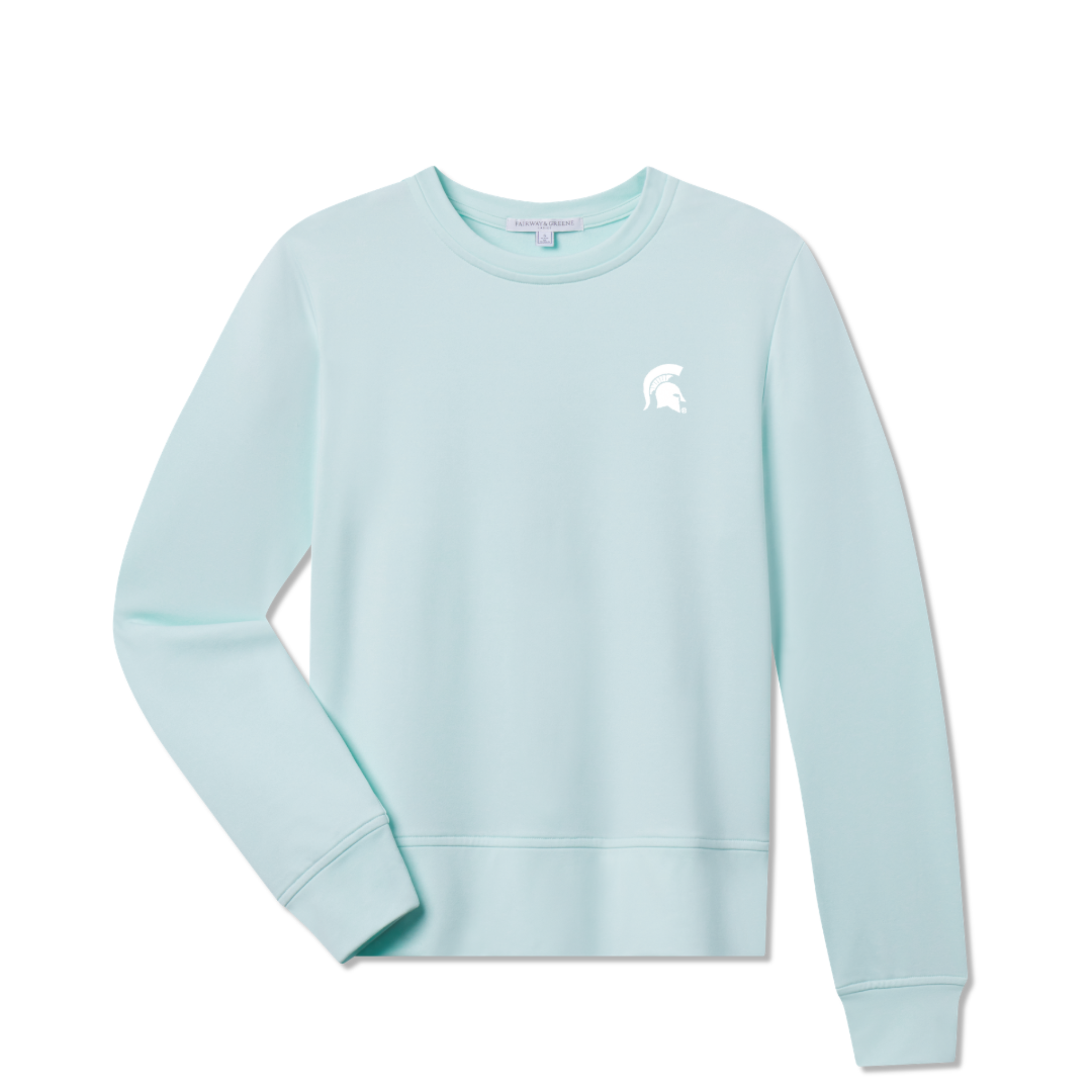 Light blue crew neck pullover with a white Spartan Helmet logo on the upper left chest. Shown on a white background.