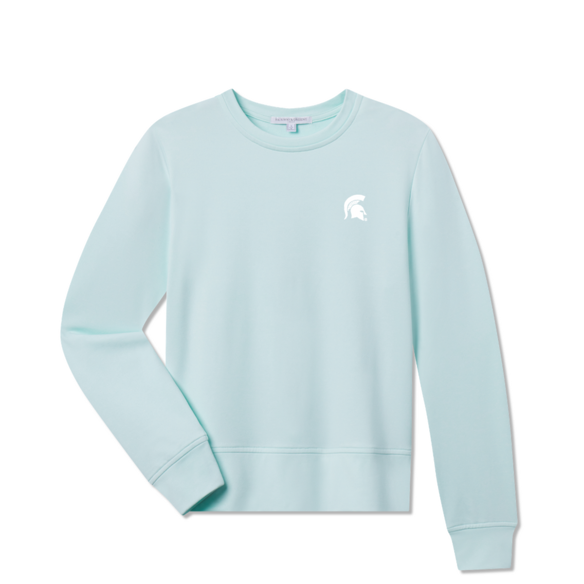 Light blue crew neck pullover with a white Spartan Helmet logo on the upper left chest. Shown on a white background.