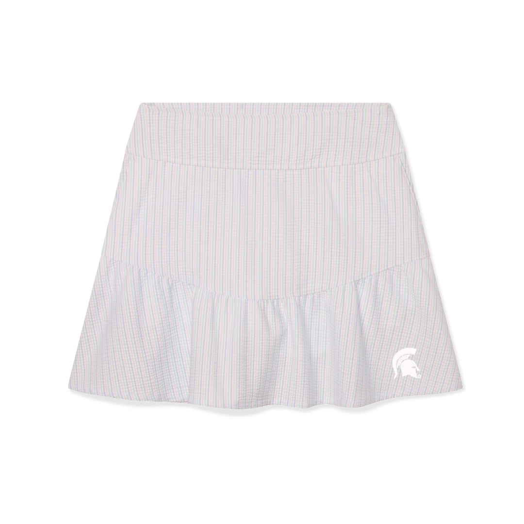 Pastel striped skort with a ruffle hem and white Spartan Helmet logo on the lower left. Shown on a white background.