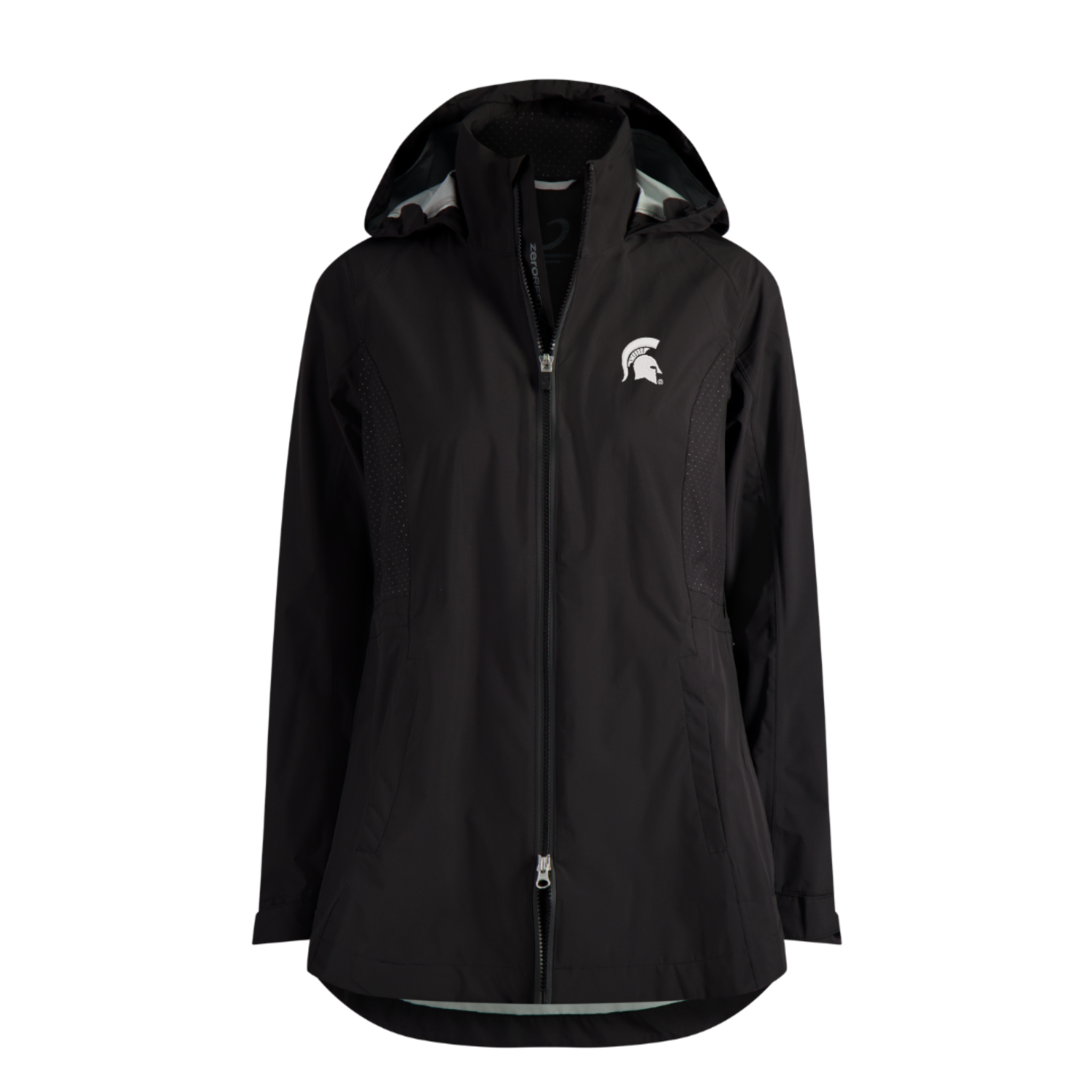 Black jacket with a full-zip collar, hood, and two way zipper. On the upper left chest is a white Spartan helmet logo.