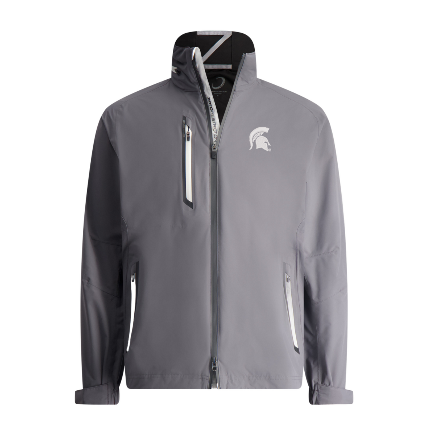 A gray full-zip hoodie with a hood, featuring a Spartan Helmet logo on the left chest area and contrast color abrasion tape at the edge of all pockets.