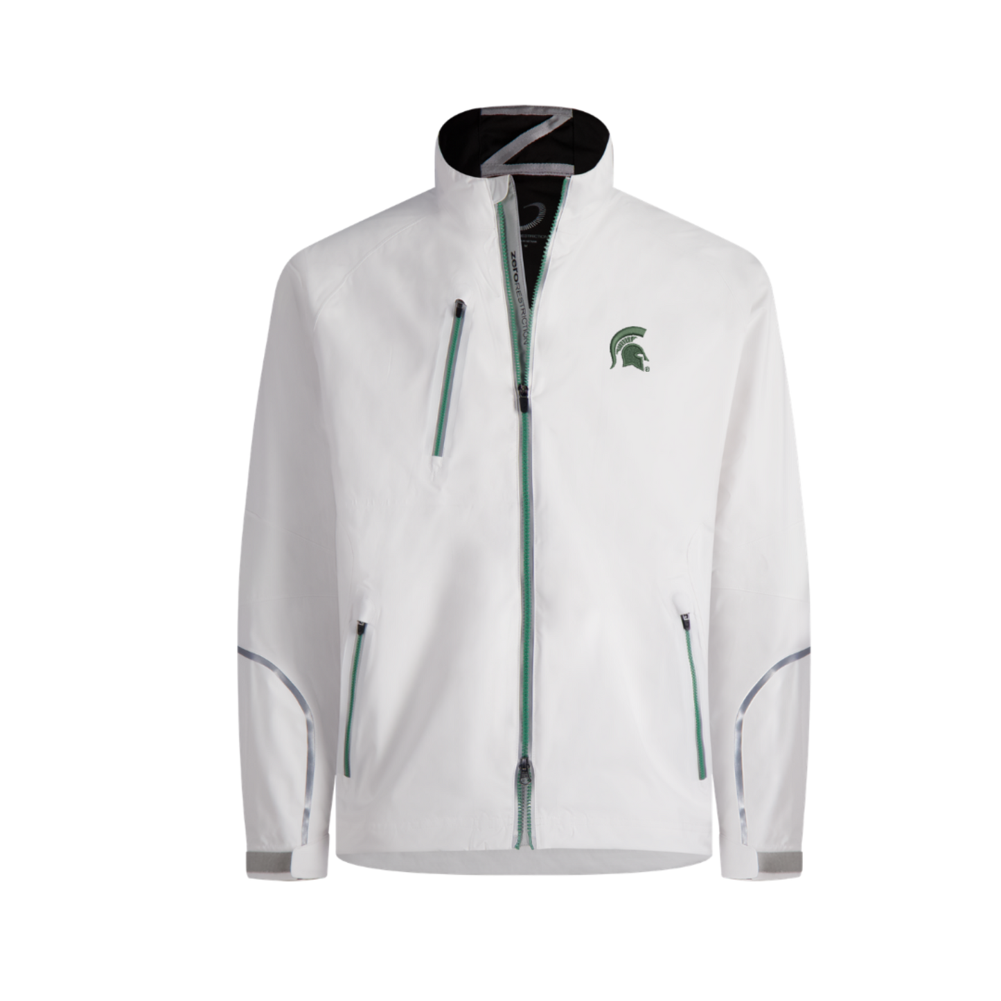 white full zip jacket with green accents around full zipper, chest zipper, and pocket zippers. Silver accents start around wrist and arch up toward elbow and going back down to wrist. Embroidered on left chest is a green Spartan Helmet.