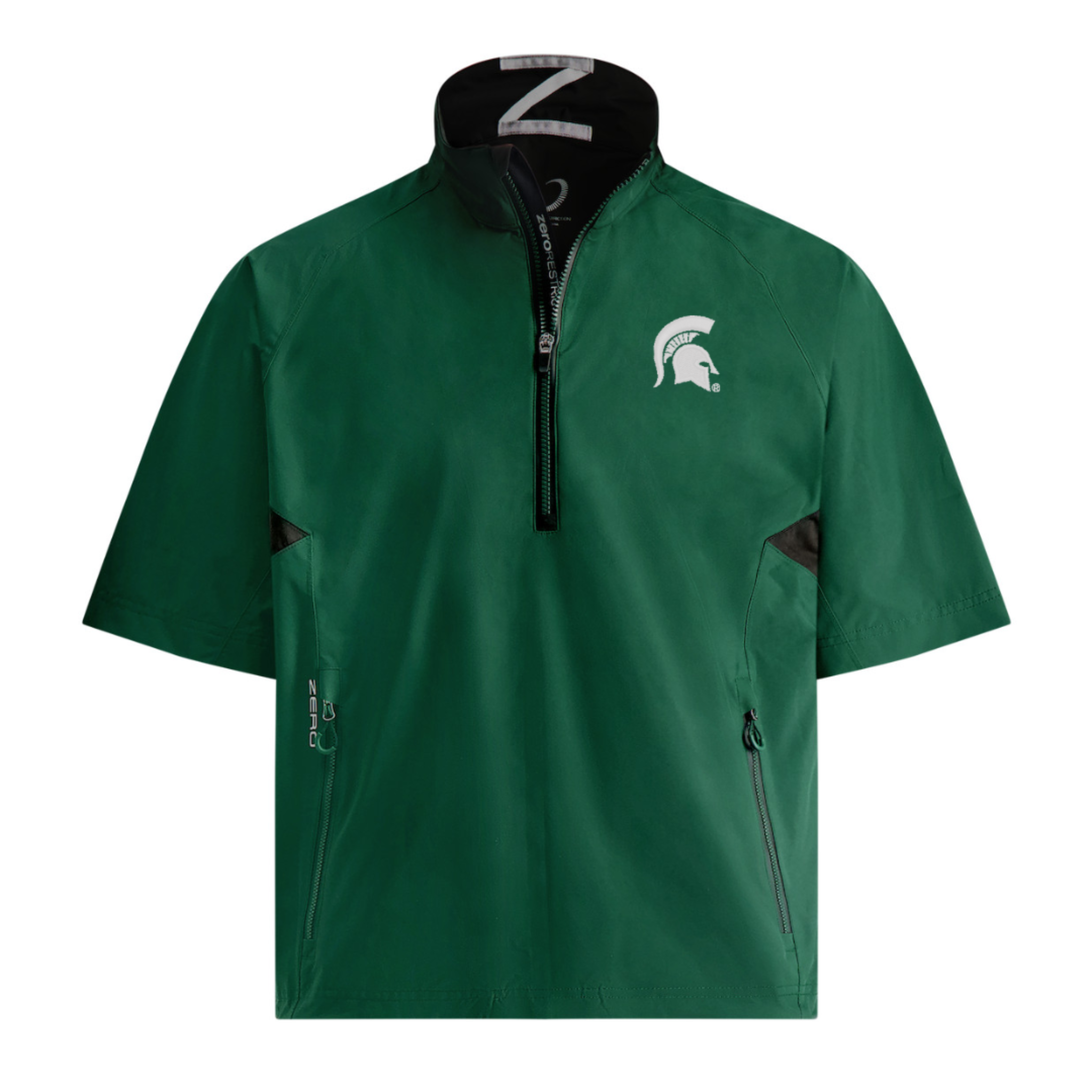 Green short-sleeve pullover jacket with a half-zip front, featuring the Michigan State Spartans logo on the left chest. Includes two zippered side pockets with 'Z' branding on the left zipper, and a black collar with a patterned inner lining.