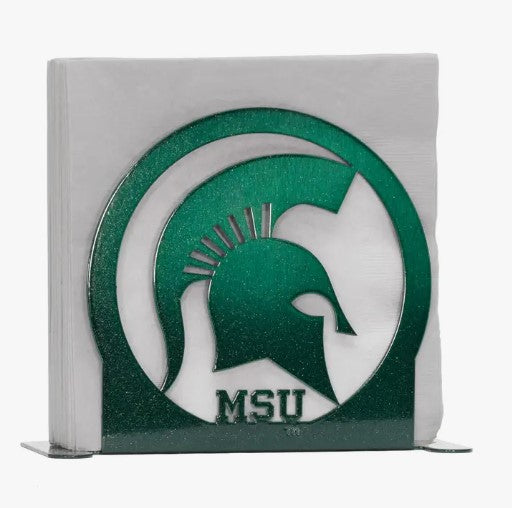 Steel napkin/letter holder, powder coated green with centered Spartan helmet with MSU block letters below in the middle of a circular ornamental holder.
