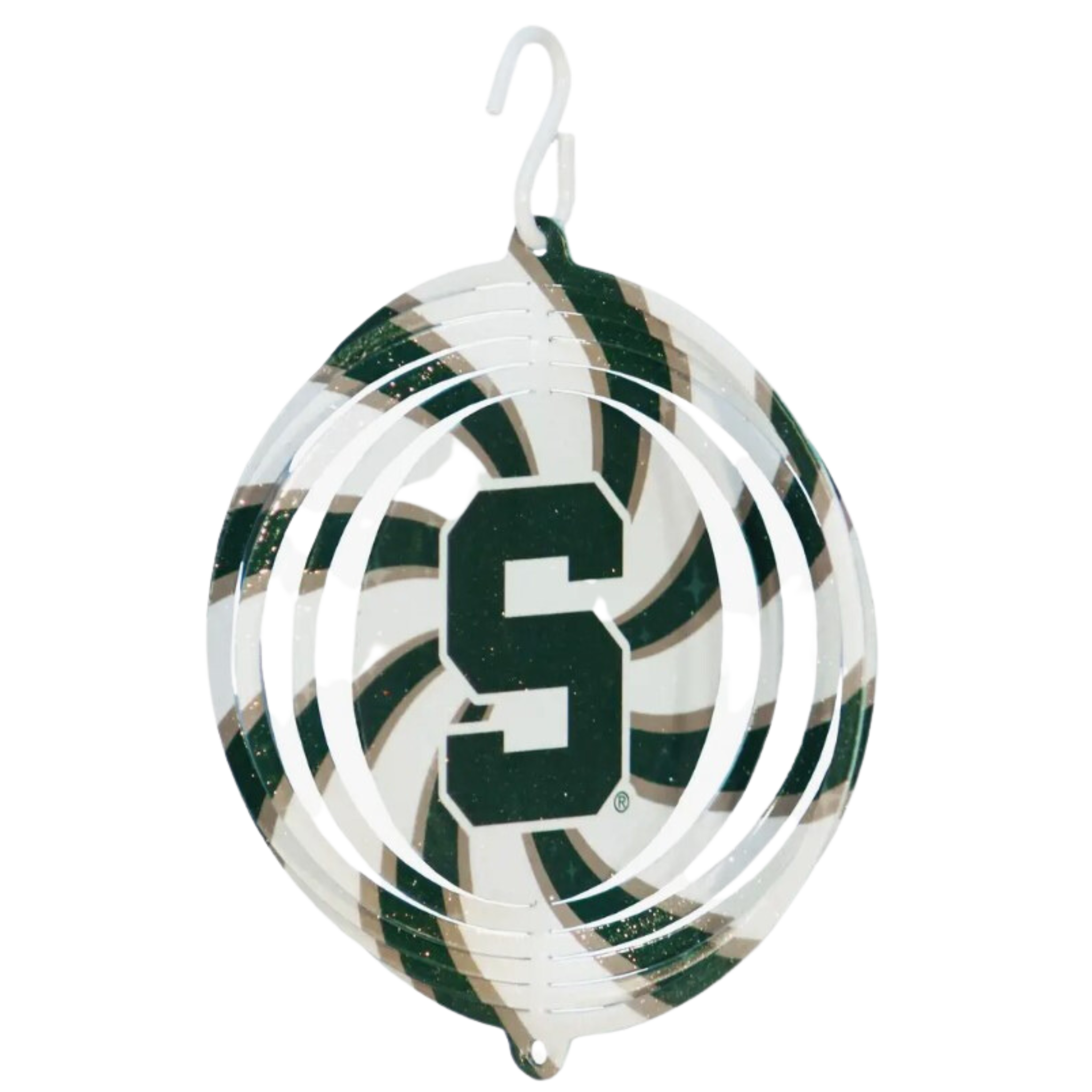 Multiple rotating white layers with forest green stripes lined in gold with a block S inside.