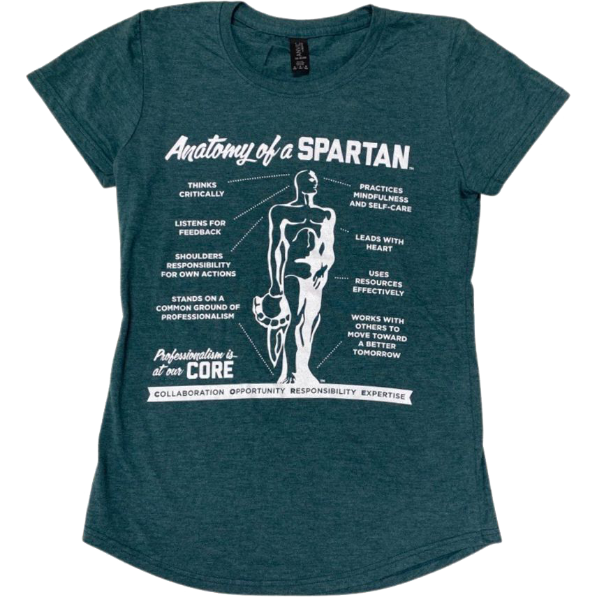Emerald green women's tee that reads "Anatomy of a Spartan" with an image of the Spartan Statue