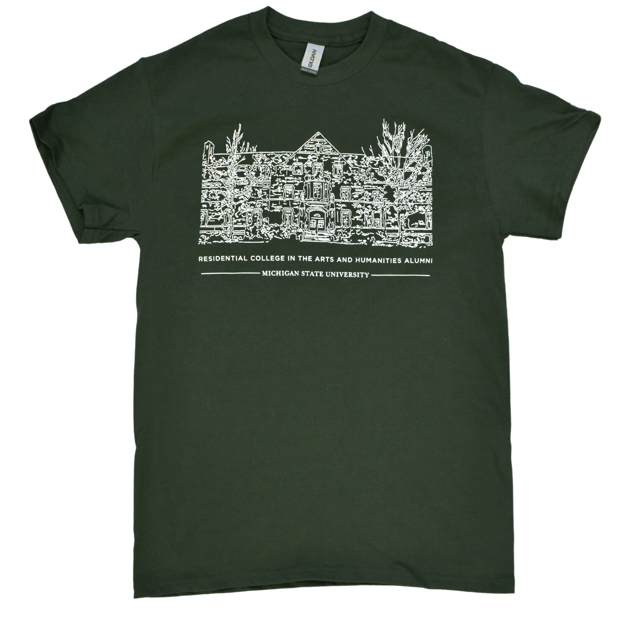Forest green crewneck t-shirt with a white illustrated outline of Snyder-Phillips hall on the center chest. Below that in small all-caps is text reading Residential College in the Arts and Humanities Alumni above a smaller line of test reading Michigan State University.