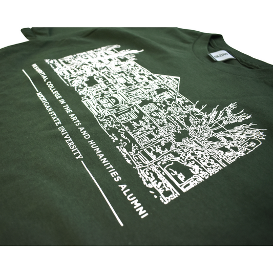 Close-up of the front of a forest green crewneck T-shirt with a white illustrated outline of Snyder-Phillips hall on the center chest. Below that in small all-caps is text reading "Residential College in the Arts and Humanities Alumni" above a smaller line of text reading "Michigan State University."