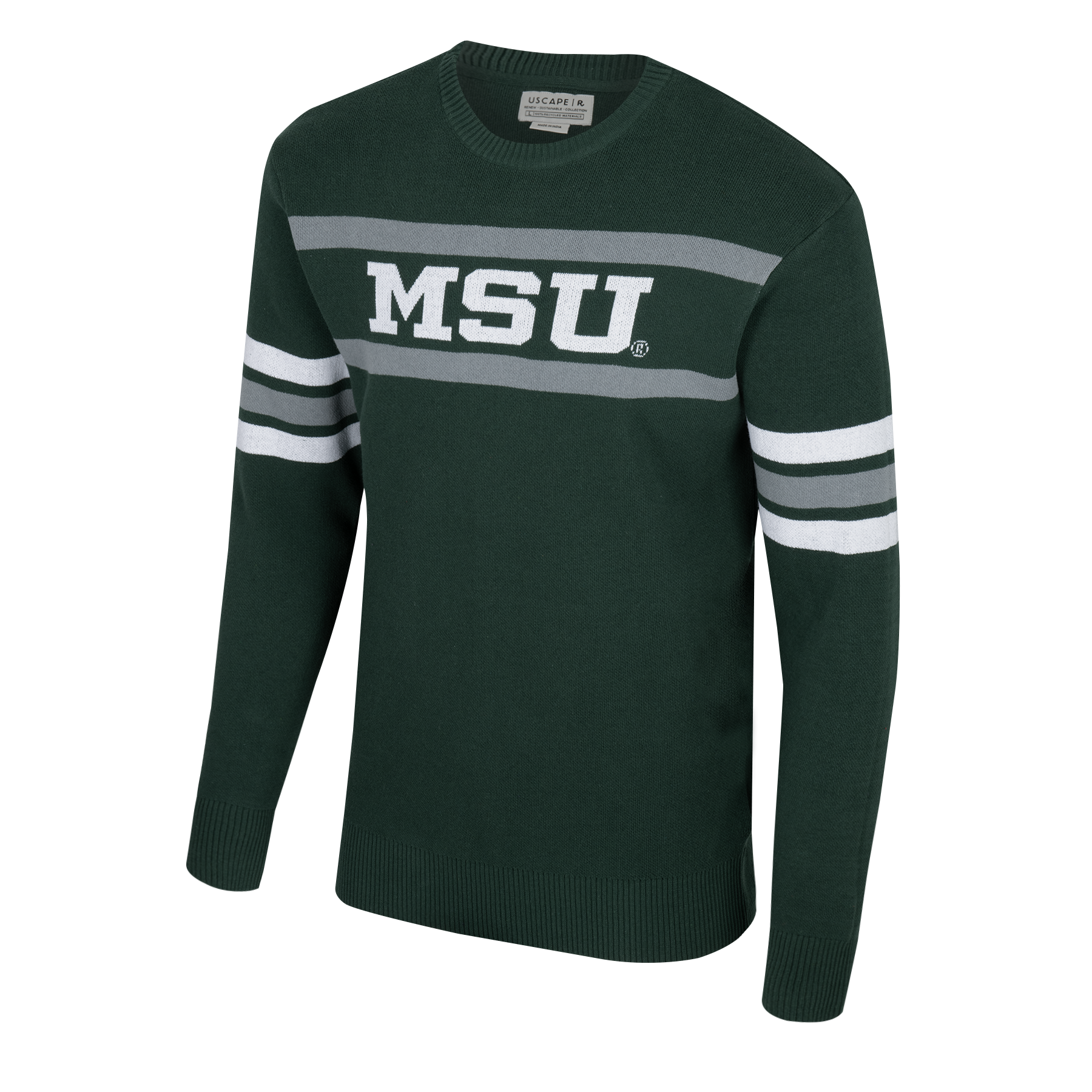 A green sweater featuring white and gray stripes and the white MSU wordmark on the chest.