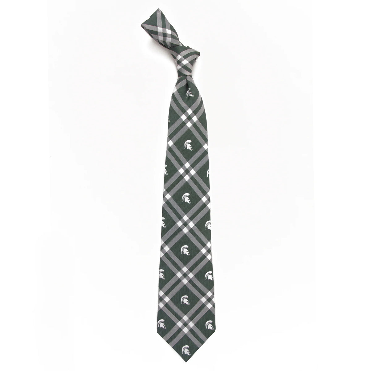 Green Michigan State necktie featuring a gray and white plaid pattern with repeating white Spartan helmet logos throughout.