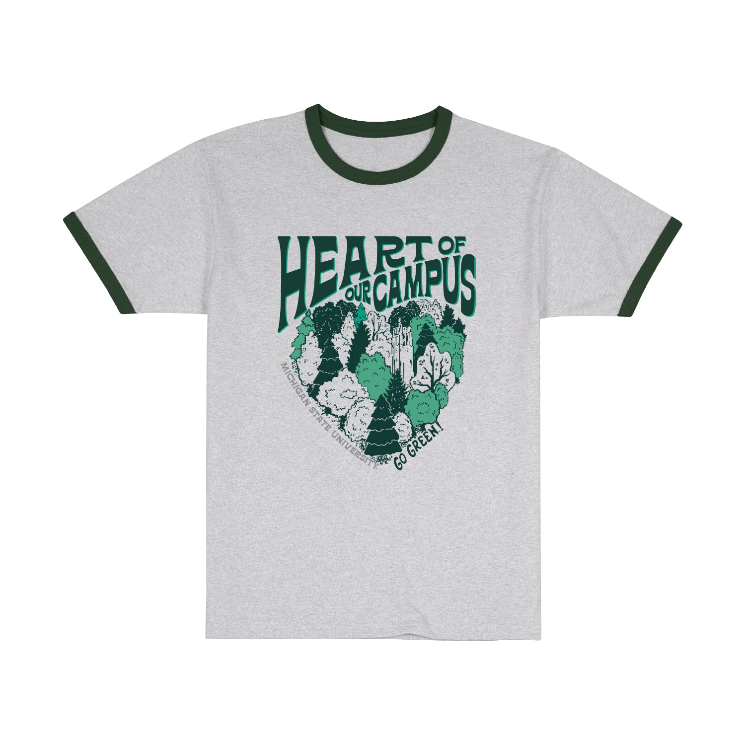 Ash grey Heart of Campus ringer T-shirt with forest green trim and screen printed green, dark green, and gray tree graphics in the shape of a heart on the front. Above the screen printed graphic is bold dark green text that reads "Heart of Our Campus." Along the right side of the graphic is light gray text that reads "Michigan State University" and on the left side of the heart is dark green text that reads "Go Green!"