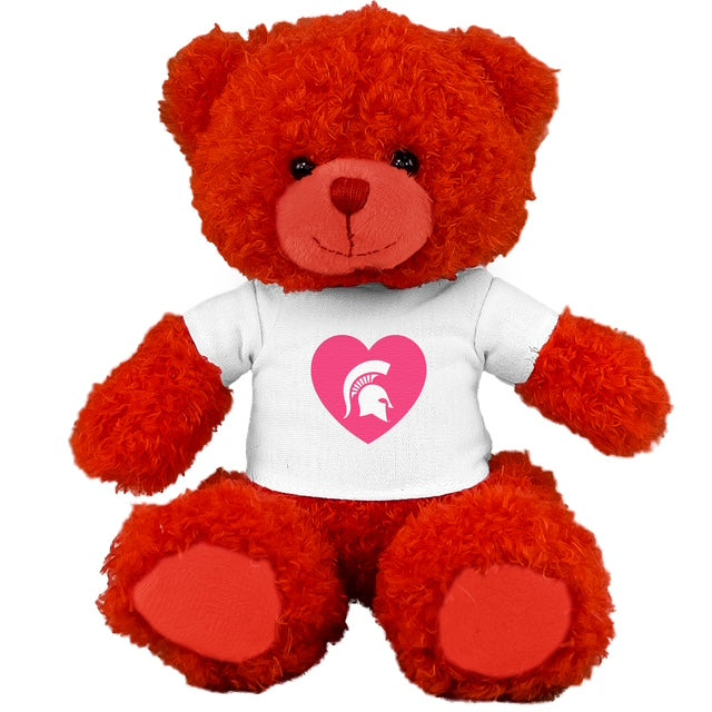 Red teddy bear wearing a white shirt with a pink heart design with a white Spartan helmet logo centered in heart. on a white background