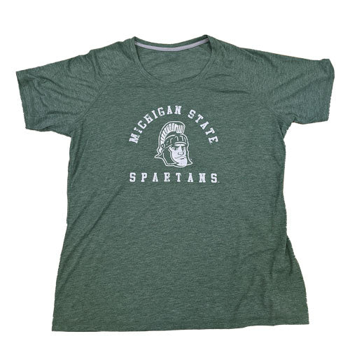 Sage green crewneck t-shirt. On the center chest, a rendition of Sparty's head is printed between arched text reading Michigan State and a straight line of text reading Spartans. Screen printing is white.