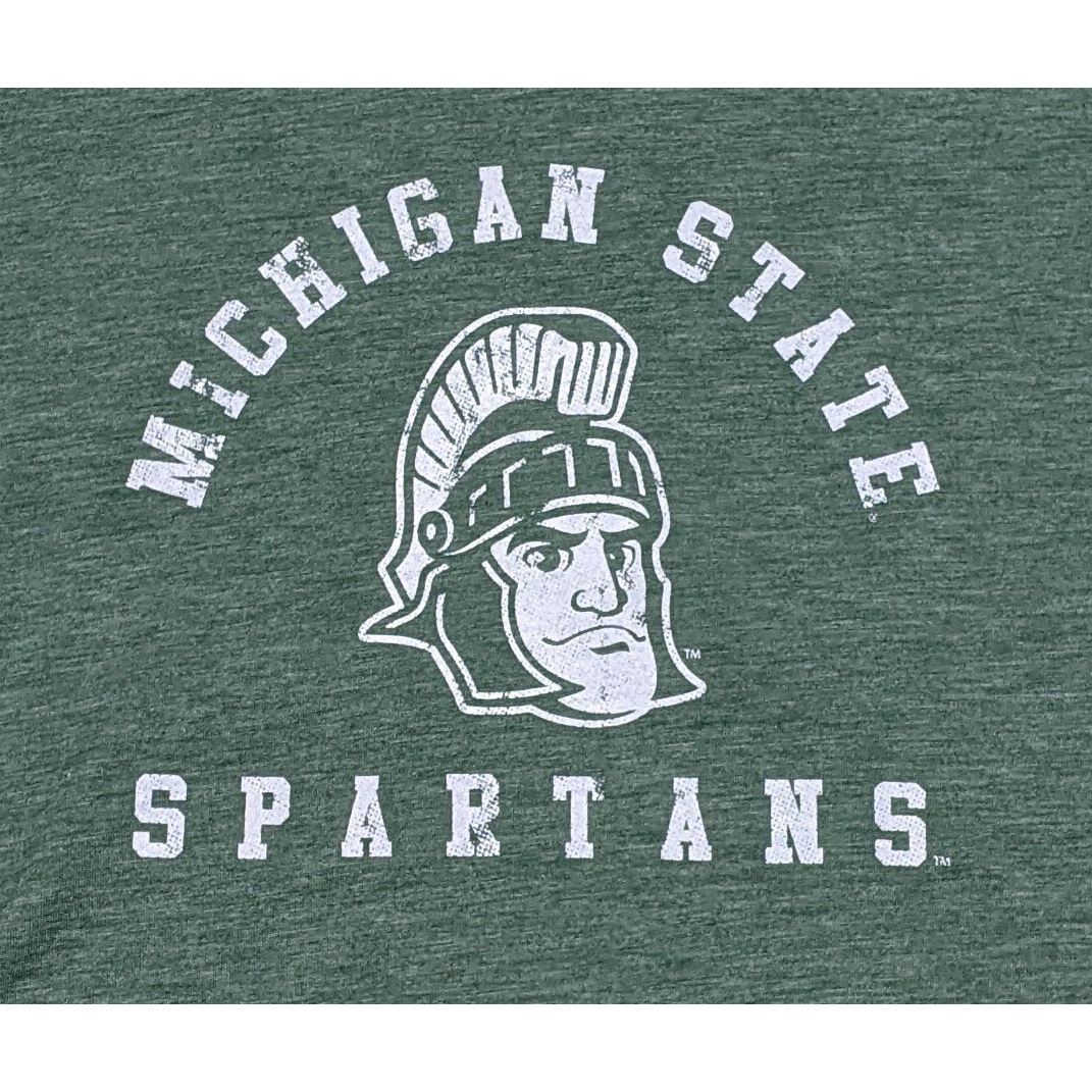 Close-up of a white screen printed rendition of Sparty's head is printed between arched text reading Michigan State and a straight line of text reading Spartans.