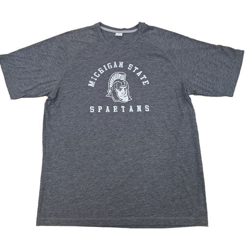 Dark gray crewneck t-shirt. On the center chest, a rendition of Sparty's head is printed between arched text reading Michigan State and a straight line of text reading Spartans.  Screen printing is white.