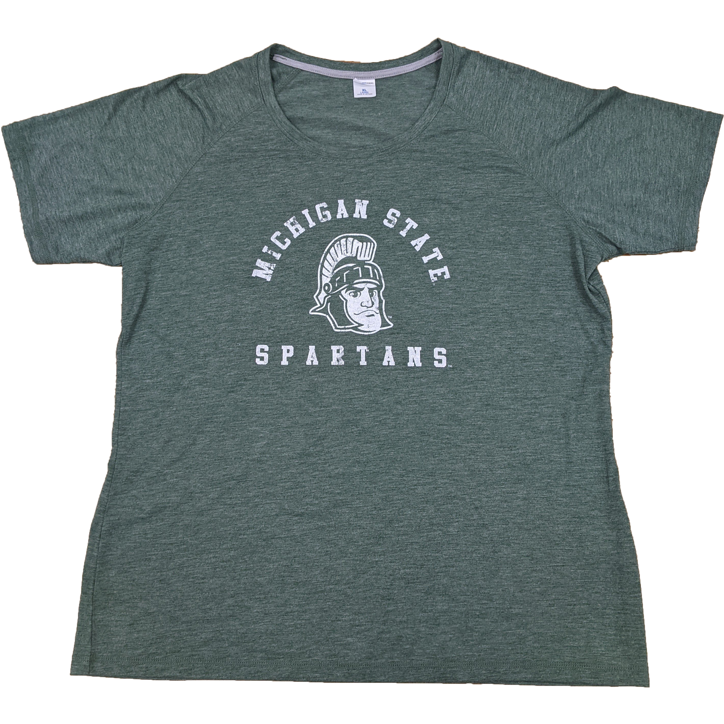 Sage green crewneck t-shirt. On the center chest, a rendition of Sparty's head is printed between arched text reading Michigan State and a straight line of text reading Spartans.  Screen printing is white.