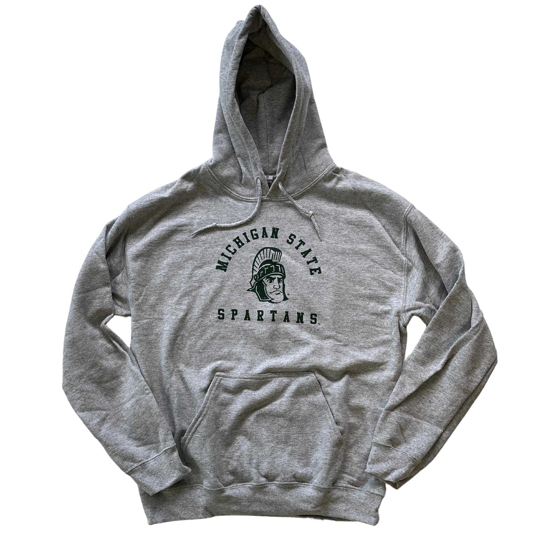 Light gray hooded sweatshirt with drawstrings and a large pocket at the bottom of the torso. On the center chest, a rendition of Sparty's head is printed between arched text reading Michigan State and a straight line of text reading Spartans. Screen printing is forest green.