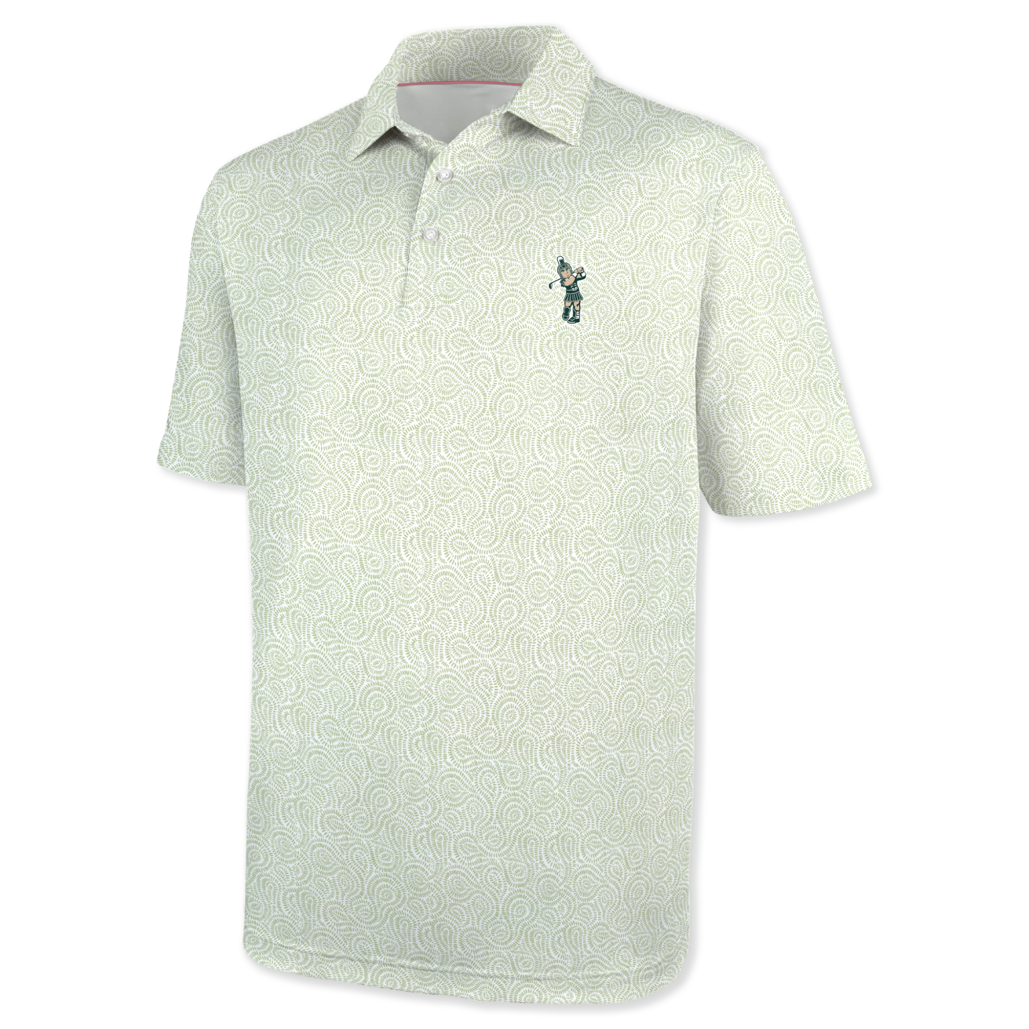 A light green golf polo shirt with a spiral design and a golfing sparty logo on the ches